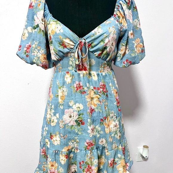 Altar'd State Blue and White Wrap Sundress with Puff Sleeves SMALL - Picture 2 of 14